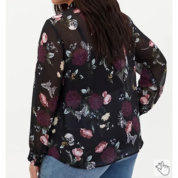 BLACK FLORAL CHIFFON SMOCKED MOCK NECK BLOUSE - Picture 5 of 10